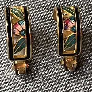 Vintage Floral Cloisonné Enamel Half Hoop Clip On Earrings Retro 80s Style